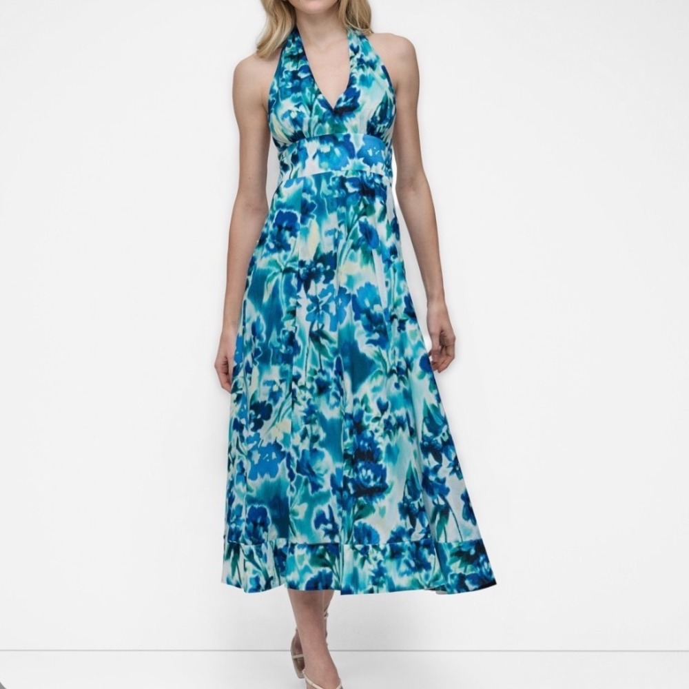 DKNY Floral Halter Midi Dress Women 16 NWT Blue Cotton Smocked Back MSRP $149